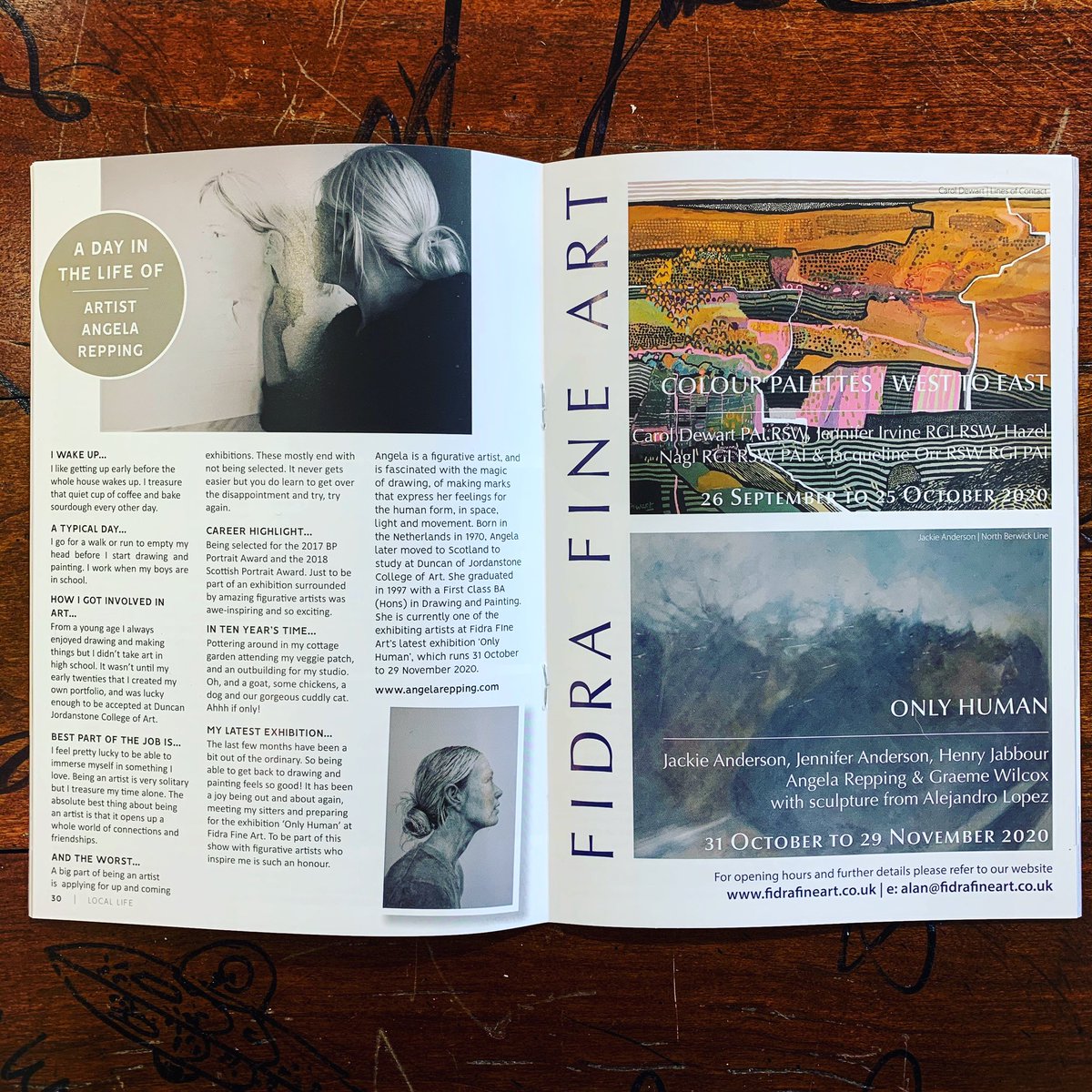 Angela Repping in the latest edition of Local Life. Adverts for our current, Colour Palettes, West to East - #CarolDewart #JenniferIrvine, #HazelNagl &amp; #JacquelineOrr &amp; our next exhibition Only Human - #JackieAnderson #JenniferAnderson #HenryJabbour #AngelaRepping &amp; #GraemeWilcox