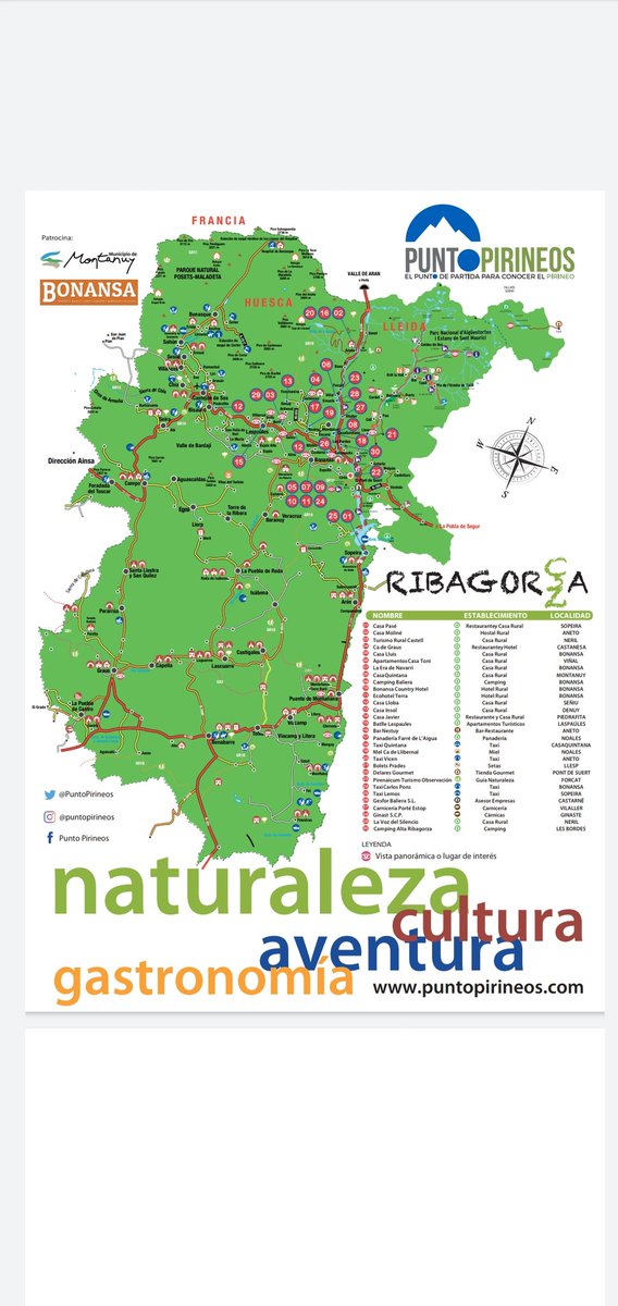 PuntoPirineos es la Asociación de empresarios de Alta <a href="/ribagorzaturism/">turismo ribagorza</a> y <a href="/AltaRibagorca/">Turisme Alta Ribagorça</a> con socios en Municipios de Montanuy, Bonansa, Laspaúles, Bisaurri, Sopeira, Vilaller y Pont de Suert.
Con amplio Patrimonio Natural y Cultural, donde disfrutar de tranquilidad y vida rural