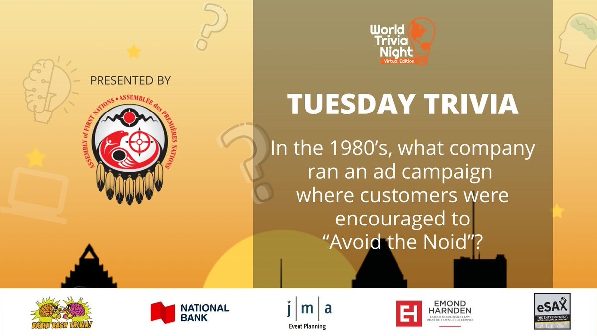 CAFOttawa's tweet photo. Once again, it’s Tuesday Trivia Time brought to you by 
Brain Bash Trivia🤓
Add your answer in a comment 👇

Presenting sponsor:
@AFN_Updates
Category sponsors:
@nationalbank, @EmondHarnden, @eSAXnetworking, https://t.co/DtNBohjOBM, @brainbashtrivia
#WTN2020 #WorldTriviaNight https://t.co/V8uV4sSi9I