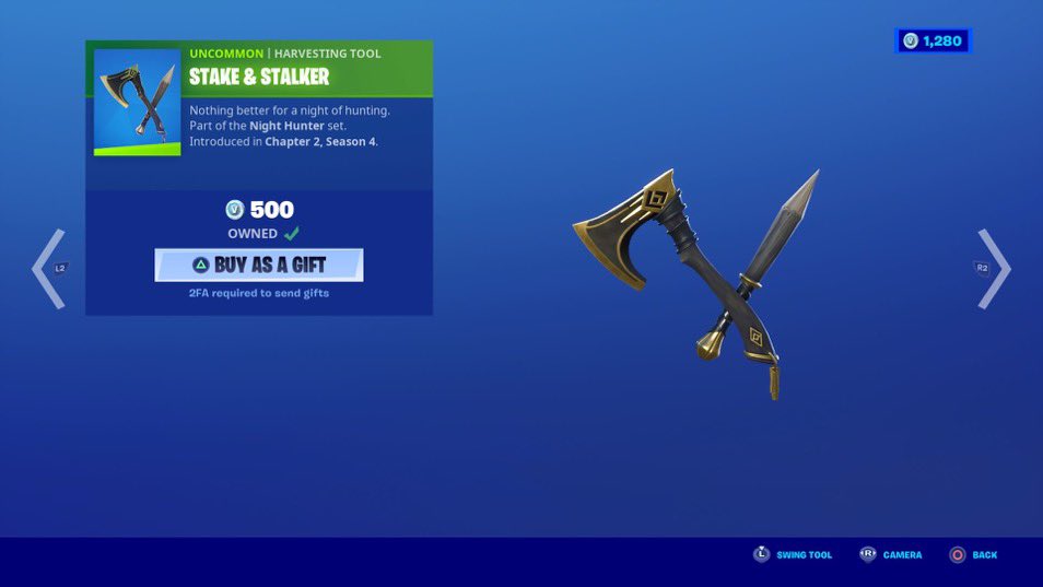 scoobydoo_crew's tweet photo. โStake & Stalkerโ is my new favorite pickaxe ๐คฃ๐ง๐ผโโ๏ธ bought the set using code #DEAD @NlNJAX ๐ฅ #CodeDead #Fortnite #BuffyTheVampireSlayer #Spooky #Halloween https://t.co/0ZGqEtLlld