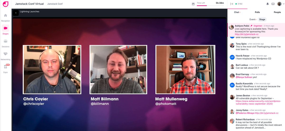 aladdindev's tweet photo. #Jamstack vs #wordpress. is happening now, fireside chat with @biilmann  and @photomatt #JamstackConf https://t.co/cQwEd5Xley