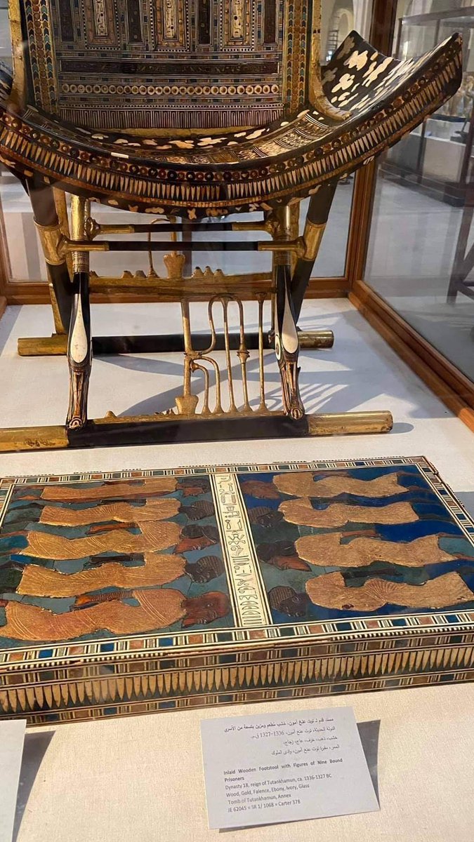 As a form of humiliation, the king depicted his libyan, asian, and nubian enemies on his staff, his leg rest, and his slippers, so everytime he steps a foot, it is as if he is stepping on his enemies.