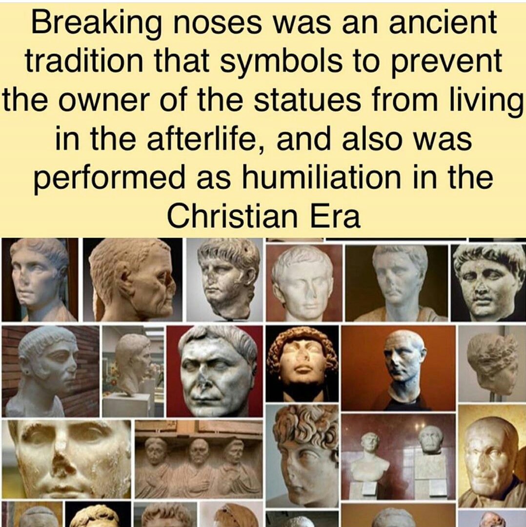 Ancient greek statues, where they black ? The answer is clearly, undisputedly, NO.One reason as to why noses fall off, is because they are protruding outside the face which makes it very vulnerable to damage, tho it was occasionally done on purpose as a form of humiliation