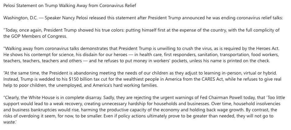 Yamiche's tweet photo. Nancy Pelosi on Trump ending COVID negotiations: “Today, once again, President Trump showed his true colors: putting himself first at the expense of the country, with the full complicity of the GOP Members of Congress." https://t.co/Cr5uMmKy55
