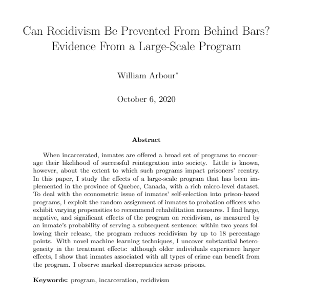 Hi #EconTwitter ! Let me introduce myself and talk a bit about my second-year paper, titled "Can Recidivism be Prevented from Behind Bars?".
