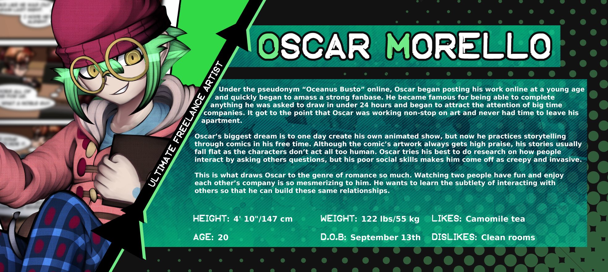 Danganronpa: Dead End on X: Our next profile of the resident horny boy.  Its Oscar Morello, the Ultimate Freelance Artist. t.coRMxsoti8me   X
