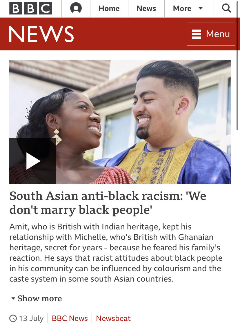 Anti Blackness in S.A groups start with parents raising their children to believe that they shouldn't associate with Black people. As a South Asian myself, I have had people in my own community advise me to not have Black friends or even marry Black  https://bbc.com/news/av/newsbeat-53395935…