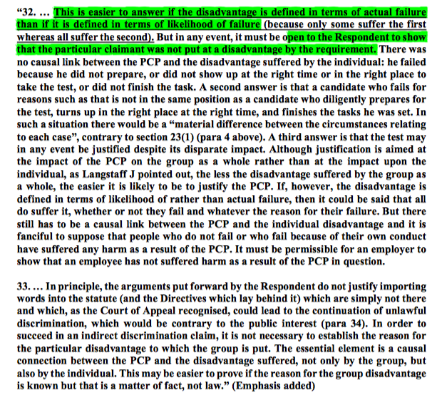 10/ The Essopian undeserving claimant is one who may fall within the group suffering the discriminatory disadvantage but who isn't disadvantaged for that reason. In Essop, the example is given of the candidate who fails the exam due to lateness of failure to turn up for it.