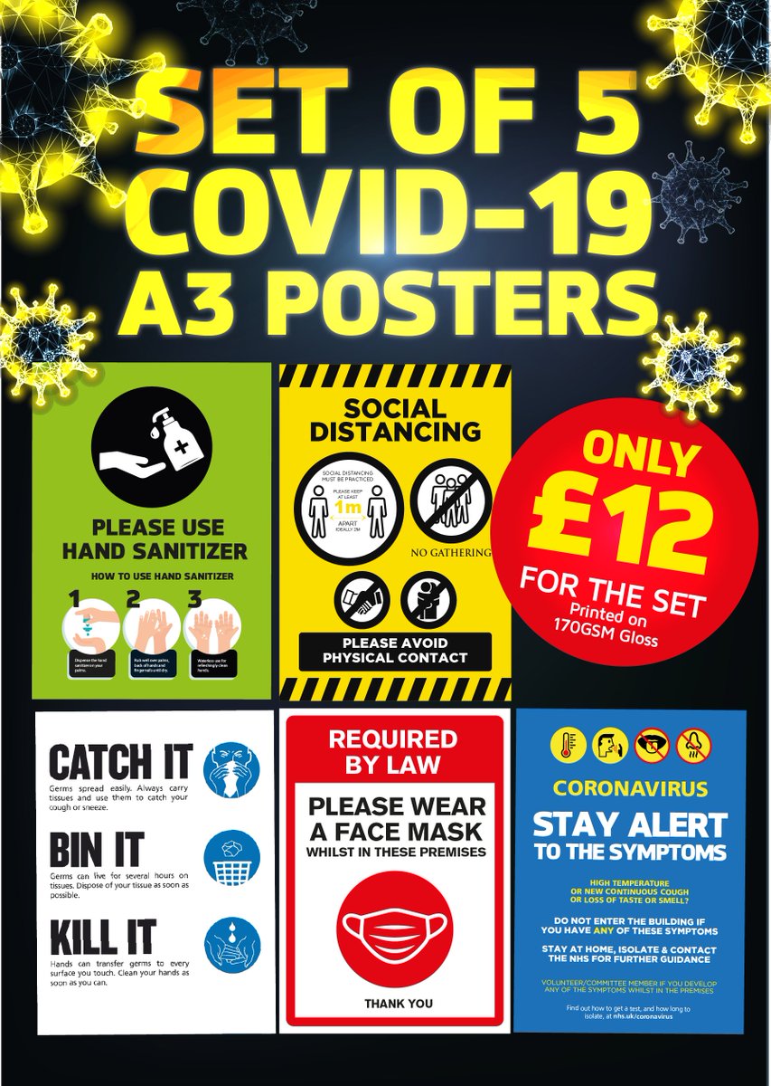 Set of 5 COVID-19 posters available @ £12 
Help your business run as safely as possible.

#tuesdaymood #SmallBiz #COVID19