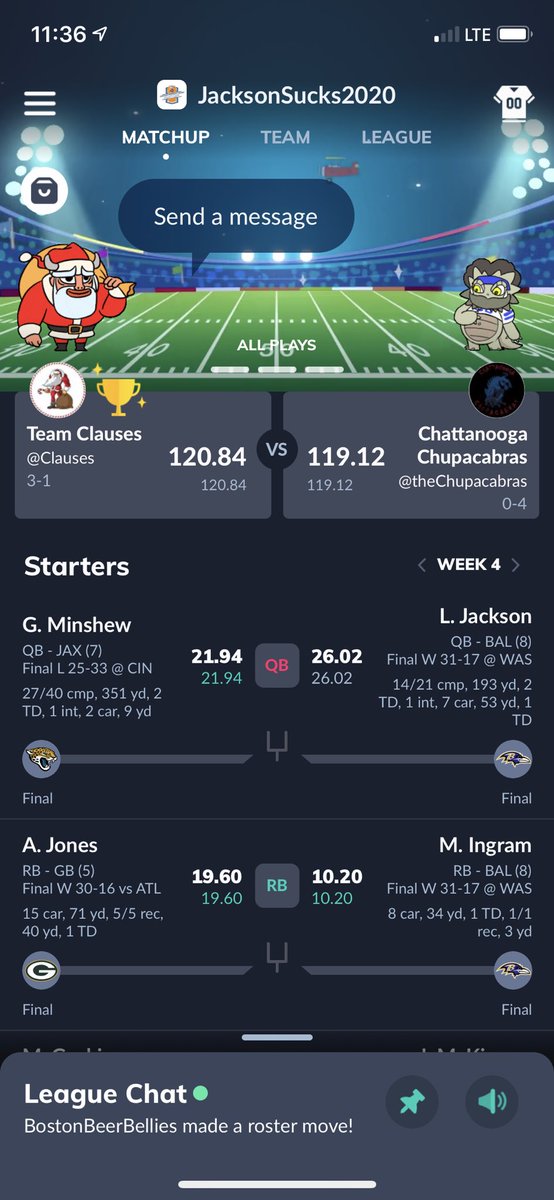 CruzClauses's tweet photo. @SleeperHQ Had me sweating this week 😅 came down to an Aaron Jones vs Julio Jones matchup @C_Chupacabras GGs https://t.co/6Nno1W01yJ