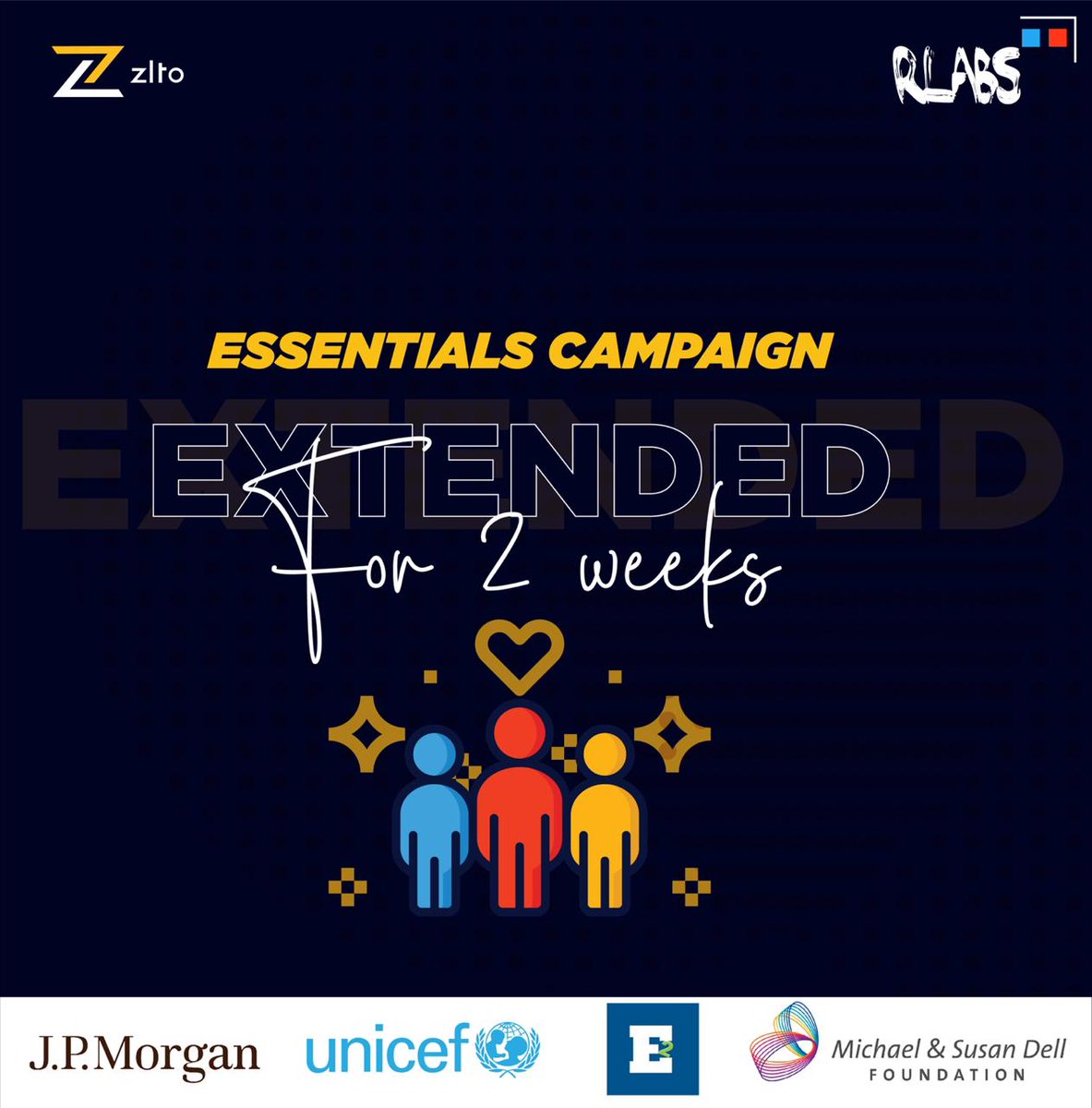 ZltoRewards's tweet photo. The #EssentialsCampaign has been extended by a further 2๏ธโฃ weeks ๐ฅ
This means more families can benefit from the support offered during these tough times ๐ช๐ฝ
A special thanks to our partners @jpmorgan @DellFdn @UNICEF @ESquaredSA @RLabs
#EssentialsCampaign
#GivingIsGreater https://t.co/JpwE7tVJQZ