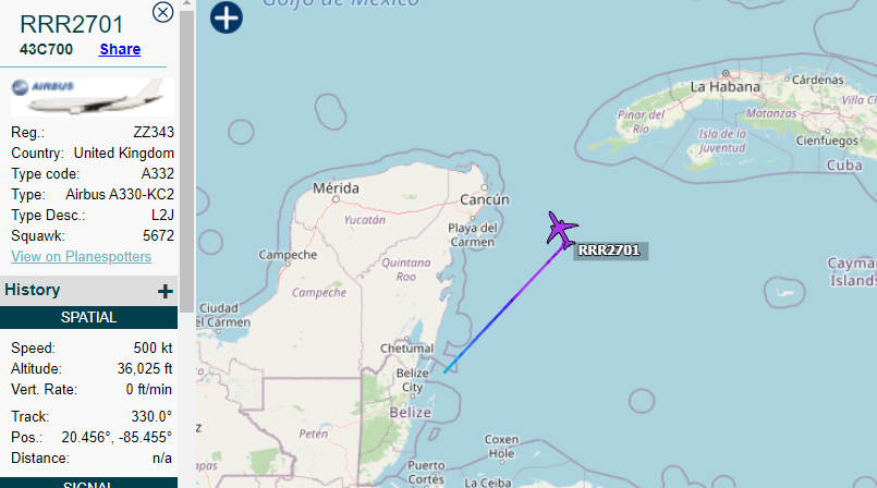 5472_nde's tweet photo. RRR2701 ZZ343 #RAF KC2 climbing out of Belize, pretty regular flight, supporting #BATSUB. 1555z https://t.co/sFxTXlGKID