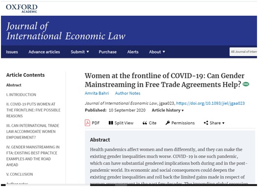 How is #covid 19 reversing the gains made in respect of #womenempowerment? And how can we prepare future #tradeagreements to minimise this loss? I address these issues in my most recent article at JIEL @OUPAcademic  here: academic.oup.com/jiel/advance-a…