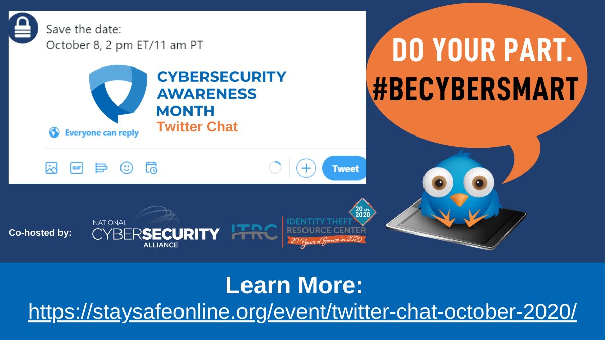 StaySafeOnline's tweet photo. Sharing is caring. Share your cybersecurity knowledge and resources during @StaySafeOnline the @IDTheftCenter  and Twitter chat on October 8 from 11 am PT/2 pm ET to celebrate #CybersecurityAwarenessMonth. Do Your part. #BeCyberSmart. https://t.co/UzpTK70EXO