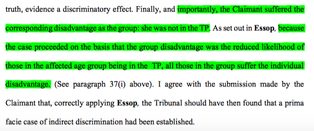 19/ In reaching that conclusion, HHJ Tucker noted the difference between a disadvantage framed in terms of likelihood as against achievement, echoing Lady Hale in Essop on that point. A likelihood disadvantage is suffered by all in the group sharing the protected characteristic.