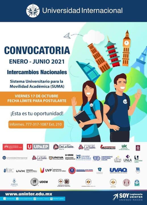 EndecsUninter's tweet image. ¡Chavos!
- La Universidad Internacional los quiere invitar a la Convocatoria Enero-Junio 2021 para los Intercambios Nacionales. Tienen hasta el Viernes 17 de Octubre para meter su postulación. ¡Vamos! Cualquier duda al número que aparece en la imagen. 
#OrgulloUninter