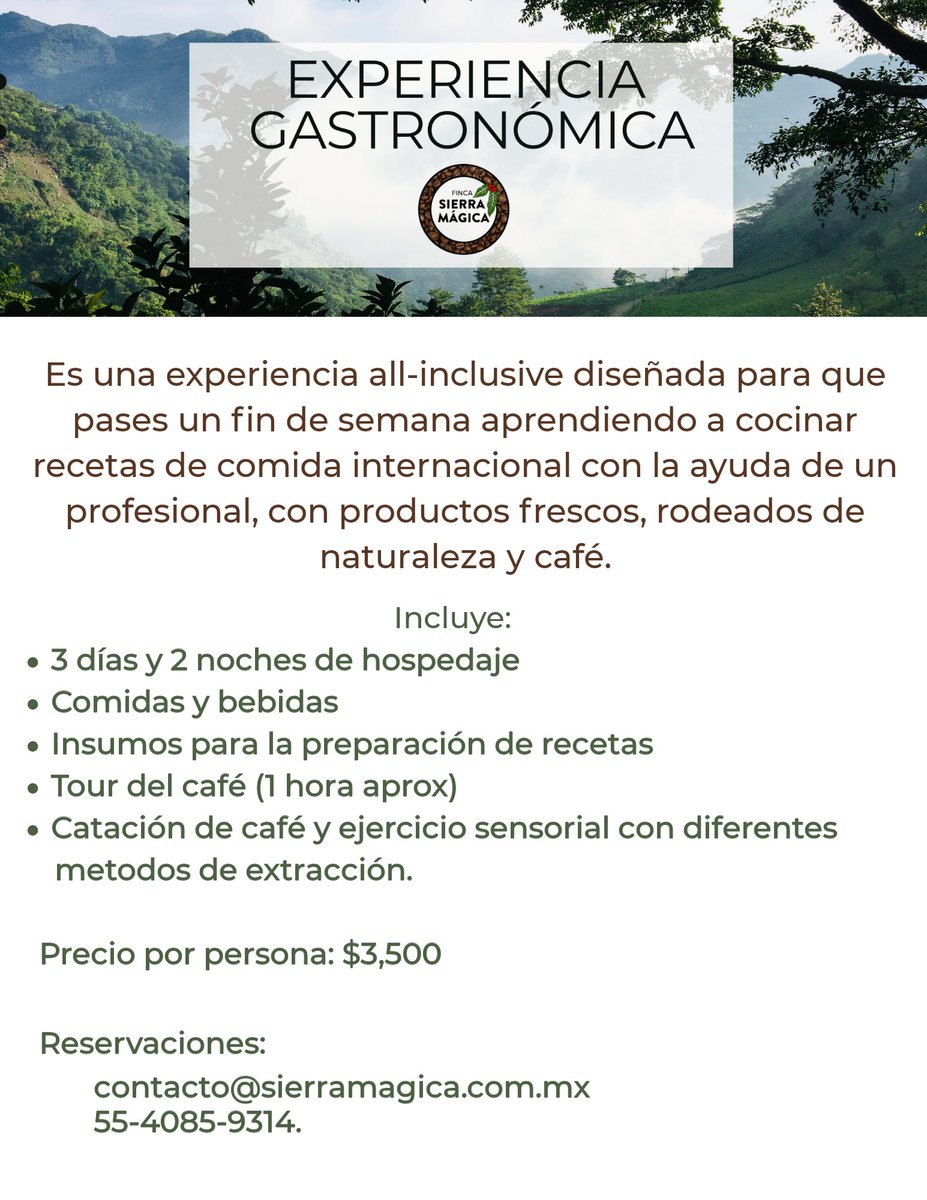 CafeFincaSM's tweet photo. Amigos de @En_laDelValle @LaRomaDF @La_Portales @NarvarteVecinos hemos diseñado está experiencia gastronomica de fin de semana. En la sierra norte de Puebla. El precio estará vigente hasta el 1 de diciembre. Me ayudan con un RT? https://t.co/bijkY0hcYX