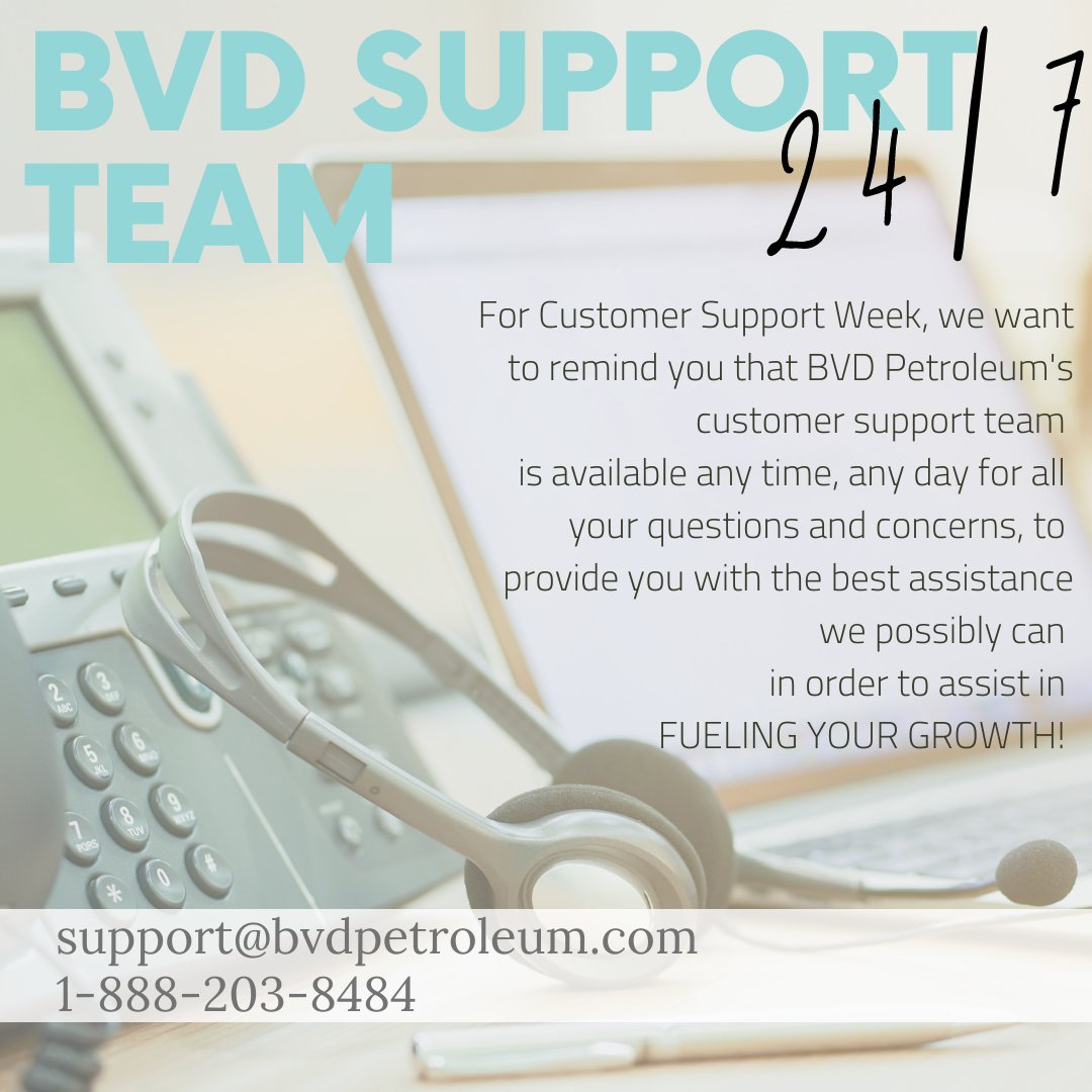 BVDPetroleum's tweet image. Did you know this week is #CustomerSupportWeek? What better way to promote our amazing Customer Support Team then now? For any inquiries, questions or concerns, send an email to support@bvdpetroleum.com or call 1-888-203-8484 for immediate assistance. #BVDPetroleum