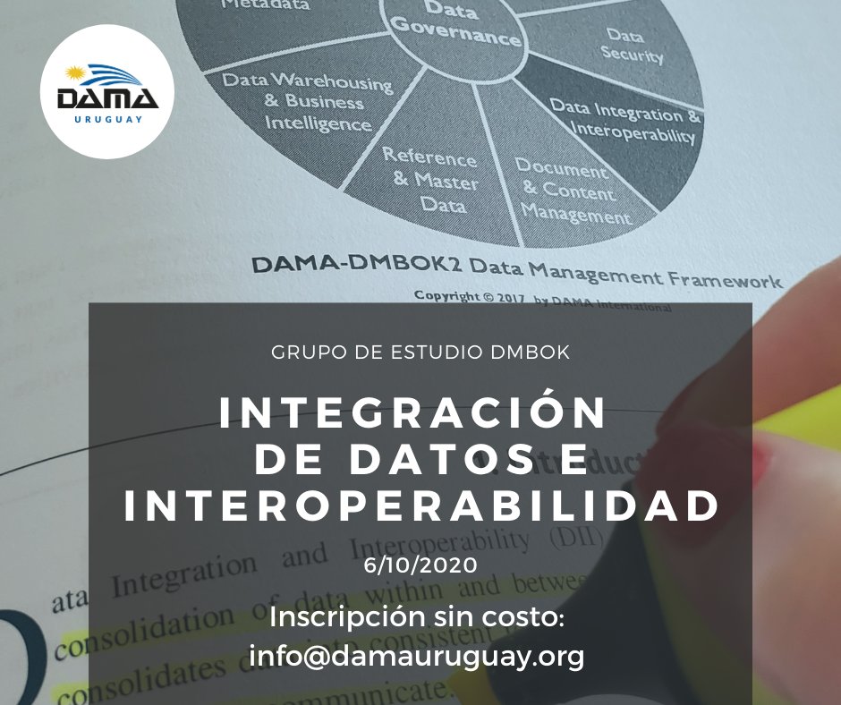 👉HOY! grupo de estudio del #DMBOK de #DAMAUruguay

<a href="/gmesahaisburu/">Gustavo Mesa</a> y <a href="/memecobas/">Mercedes Cobas</a> presentarán Integración de Datos e Interoperabilidad.

Reunión de Zoom gratuita.
Inscripción: info@damauruguay.org