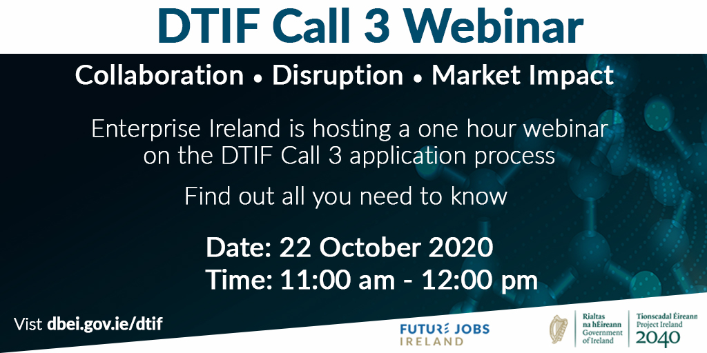Department of Enterprise, Trade and Employment (@deptenterprise) on Twitter photo Interested in applying for Call 3 of #DTIF?
Don't miss the <a href="/Entirl/">Enterprise Ireland</a> webinar on 22 October for your chance to learn more about the application process.
Register now at register.gotowebinar.com/register/15082… Interested in applying for Call 3 of #DTIF?
Don't miss the <a href="/Entirl/">Enterprise Ireland</a> webinar on 22 October for your chance to learn more about the application process.
Register now at register.gotowebinar.com/register/15082…