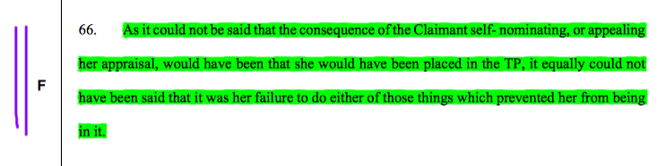 17/ The EAT agreed. There was correspondence between the group & individual disadvantage here. Unusually, if the Resp wanted to show Ms Ryan to be an undeserving claimant, it needed to show in this case had she appealed/self-nominated she'd have been accepted into the TP.