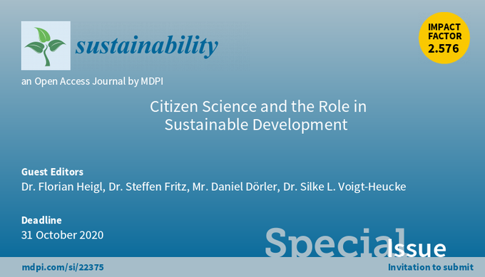 Citizen Science SDG Conference (@cs_sdg2020) on Twitter photo We are very excited that the <a href="/cs_sdg2020/">Citizen Science SDG Conference</a> is part of a special issue #CitizenScience #SDGs in the peer-reviewed journal "Sustainability" <a href="/Sus_MDPI/">Sustainability</a>.
Please consider submitting your manuscript! ✍️
🗓️ Deadline 31. October 2020 We are very excited that the <a href="/cs_sdg2020/">Citizen Science SDG Conference</a> is part of a special issue #CitizenScience #SDGs in the peer-reviewed journal "Sustainability" <a href="/Sus_MDPI/">Sustainability</a>.
Please consider submitting your manuscript! ✍️
🗓️ Deadline 31. October 2020