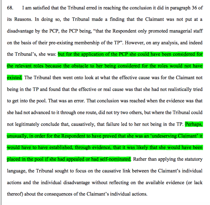 17/ The EAT agreed. There was correspondence between the group & individual disadvantage here. Unusually, if the Resp wanted to show Ms Ryan to be an undeserving claimant, it needed to show in this case had she appealed/self-nominated she'd have been accepted into the TP.