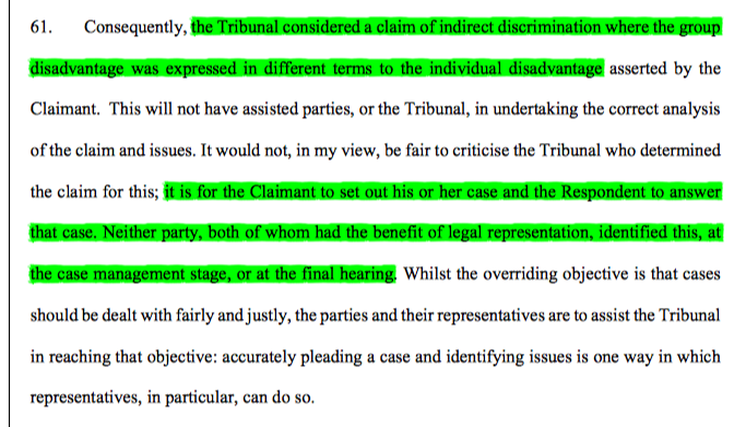 21/ Finally, following on from her pleadings advice in C v D, HHJ Tucker advised practitioners of the need to match up the group and individual disadvantage given the requirement under s.19 that the claimant suffer "that" disadvantage. Here the pleadings didn't match up.