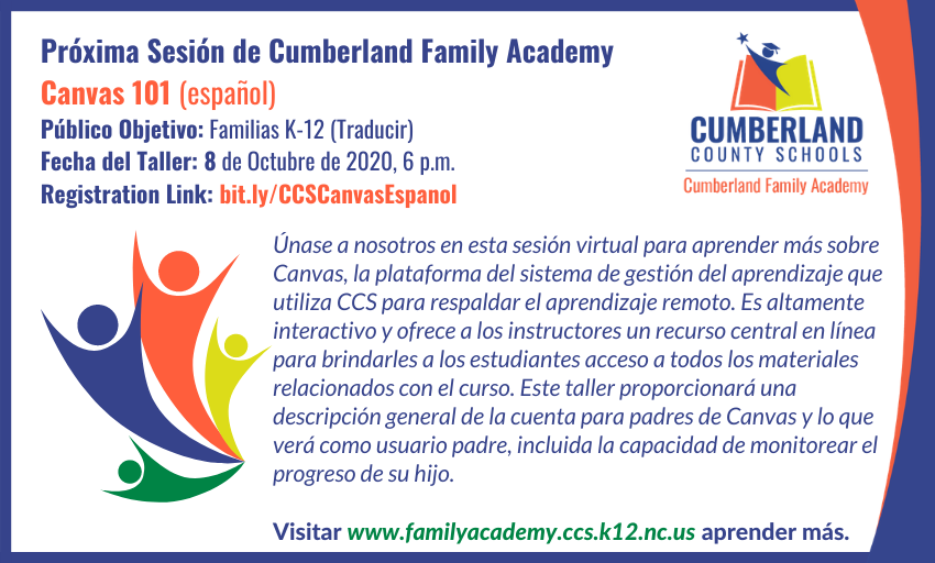 Únase a la Cumberland Family Academy de CCS para obtener una descripción general de Canvas, el sistema de gestión del aprendizaje que utiliza CCS para respaldar el aprendizaje remoto. Este virtual será este jueves 8 de octubre. bit.ly/CCSCanvasEspan…