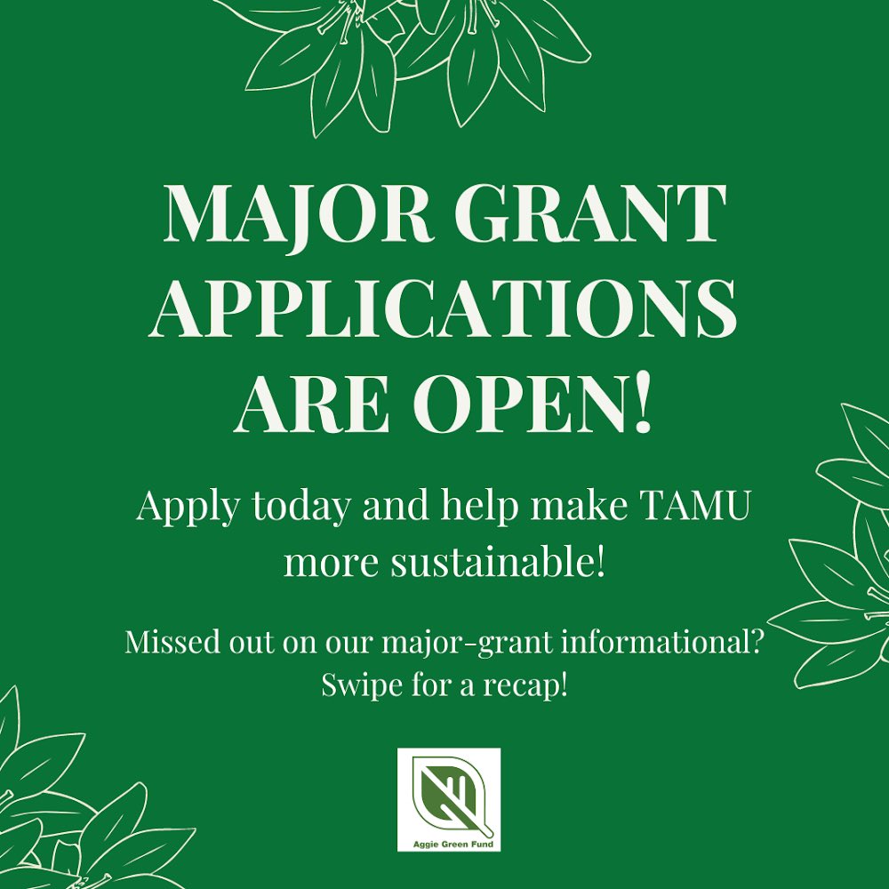TAMUGreenFund's tweet photo. Visit our website https://t.co/bvK9VBU61F and visit the “Get a Grant” tab to apply! https://t.co/dMiZ9caFu7