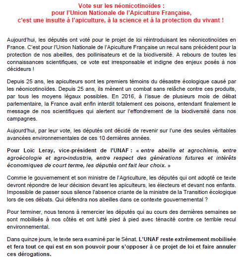 UNAFapiculture's tweet photo. Communiqué de presse de l'UNAF suite au vote du projet de loi sur les #néonicotinoïdes : une insulte à l'apiculture, à la science et à la protection du vivant ! Triste journée pour les abeilles et la biodiversité. 
@barbarapompili
 @b_abba https://t.co/tStAddRr6a