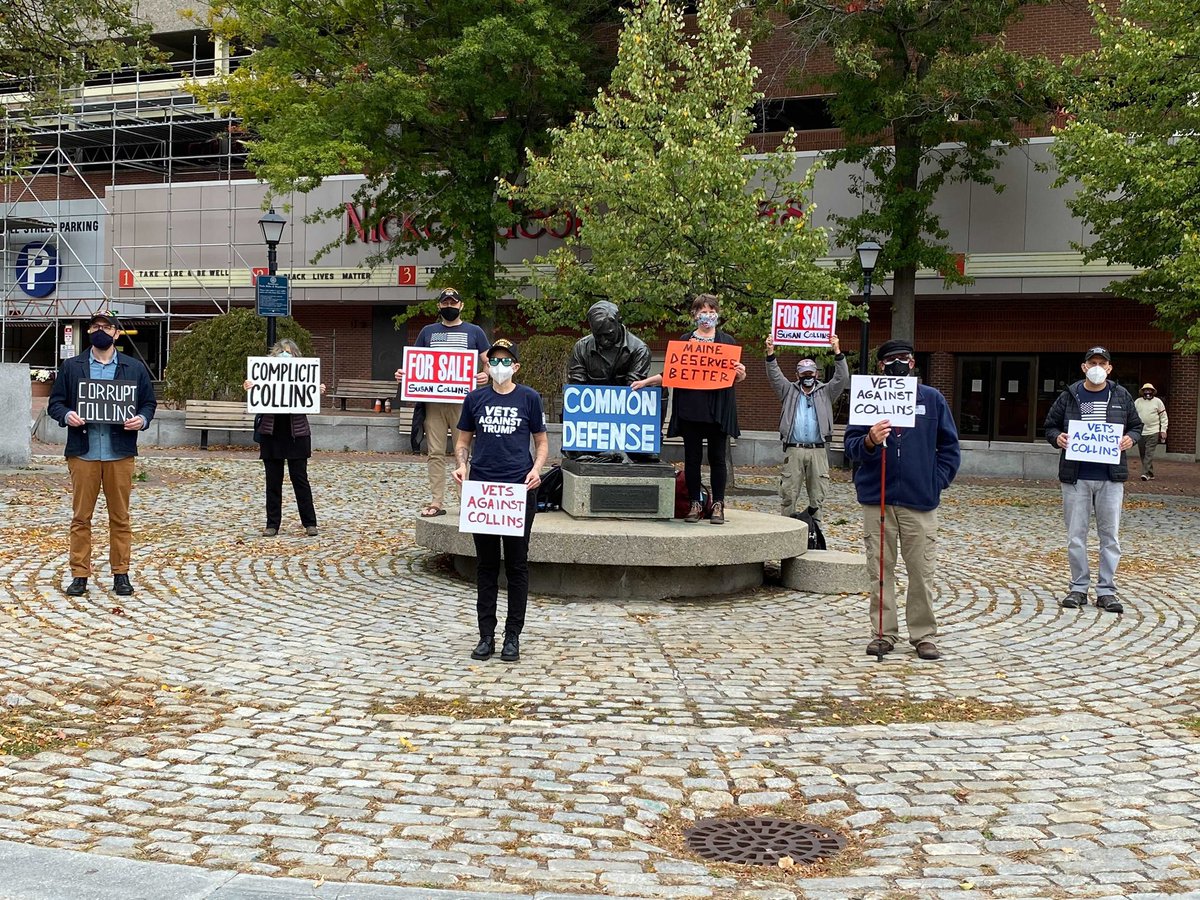 commondefense's tweet photo. Happening now! 

Military Veterans in Maine are rallying to protest @SenSusanCollins, after her PAC took $150k from a corrupt mega-donor (now arrested for defrauding COVID relief programs). 

Susan Collins helped steer millions in military contracts to his defense company. https://t.co/wIjjxAvybr