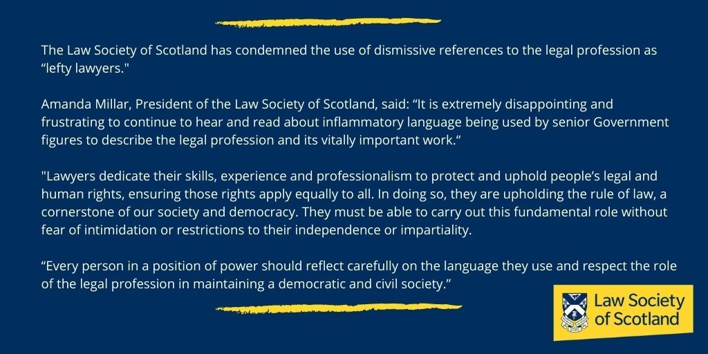 Our President, <a href="/amanda_millar/">Amanda Millar</a> has spoken up on behalf of the profession and condemned references to "lefty lawyers" <a href="/GOVUK/">GOV.UK</a>. Read our full statement. ⏬
lawscot.org.uk//lawsocietycon…