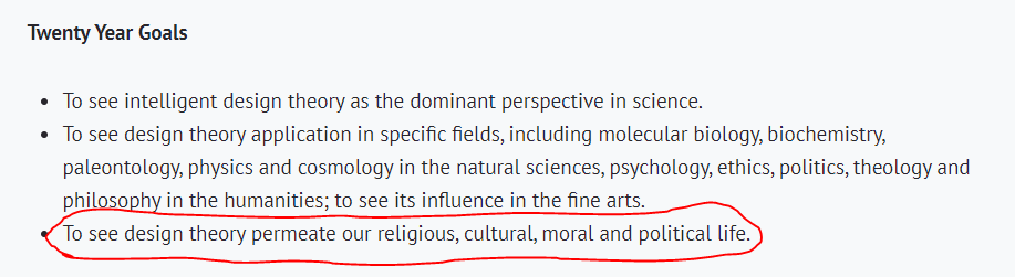The Wedge document conceives of the creationism/evolution debate as the entry point into a broader debate about the role of Christian values in western society. The goal is explicitly to reimpose Christian values: