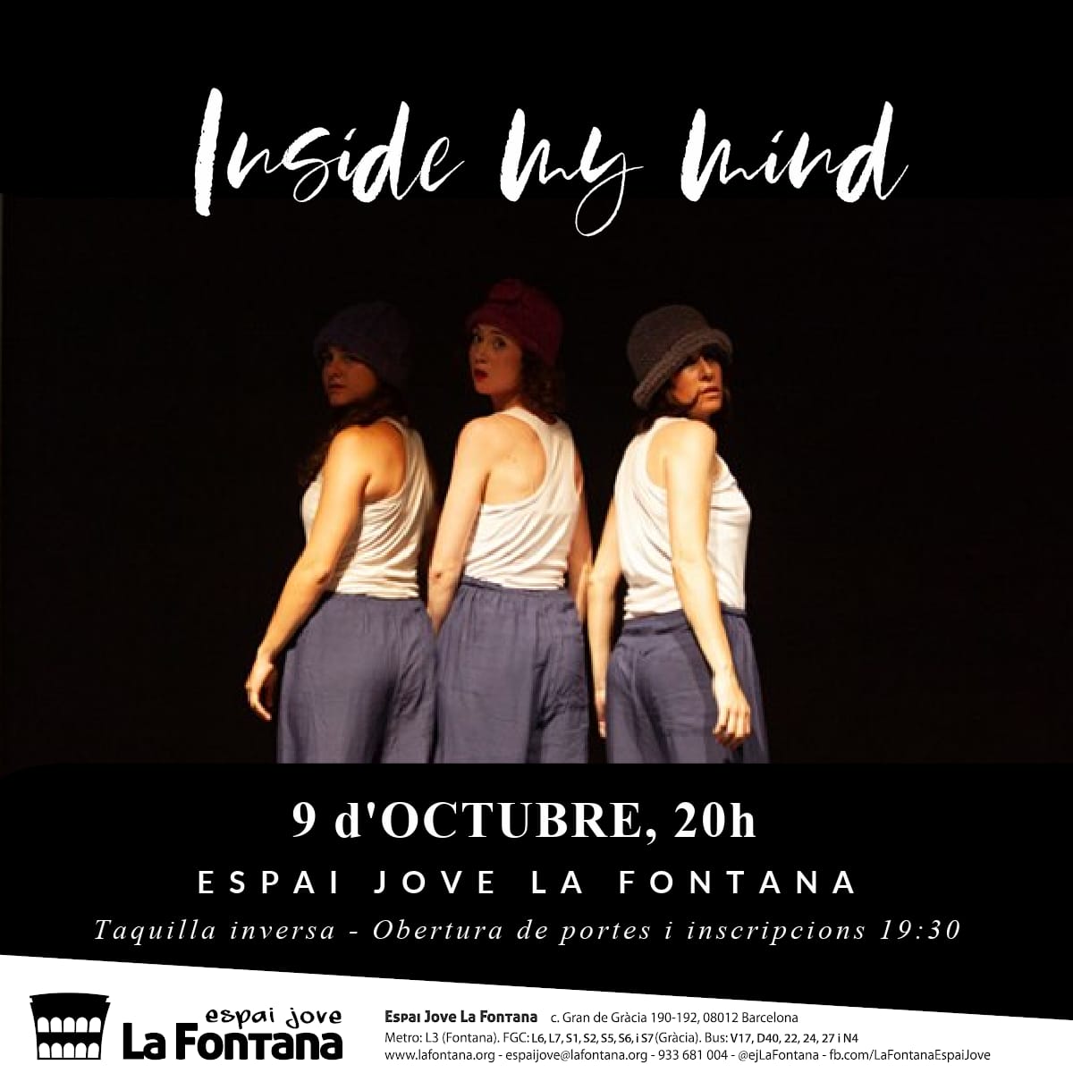 EjLaFontana's tweet photo. DANSA-FUSIÓ | "Inside my mind" de la @CiaFilalagulla 

Aquest divendres les arts escèniques tornen a La Fontana! Commemorem el #DiaMundialSalutMental amb aquest espectacle! 

📅 Dv. 9/10
🕑 19.30 h
🎟️ Entrada a taquilla inversa amb reserva prèvia!
https://t.co/ot7uKMgYMb https://t.co/6q3rVW7THB