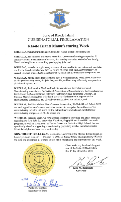Rhode Island Commerce on X: All of us at CommerceRI join @GovRaimondo,  @mfgri, @polaris_mep and @WeMakeRI in recognizing #ManufacturingWeek in RI.  With more than 1,600 homegrown manufacturers, our #manufacturing community  is an