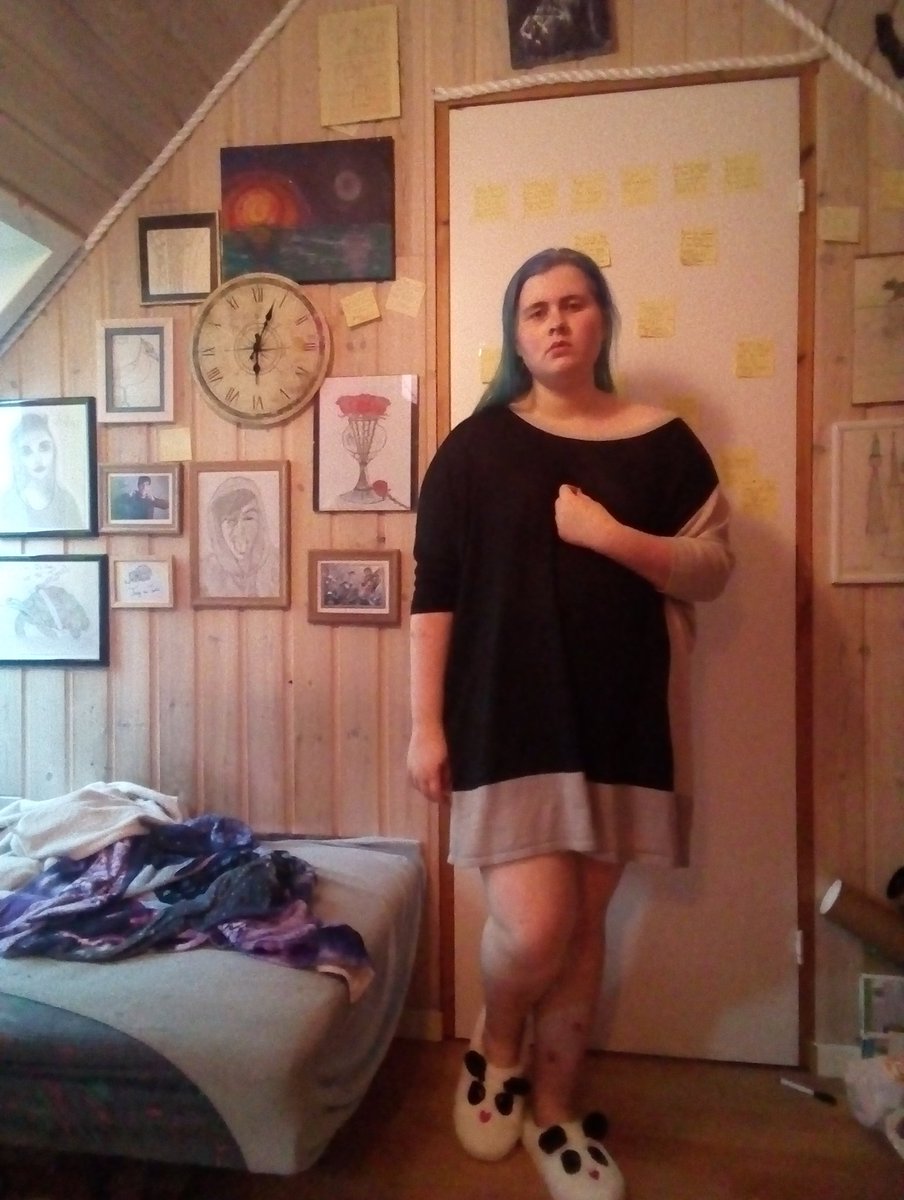 MidnightMarev's tweet photo. I've had a really bad day, mentally, so I ditched all my clothes for this oversized shirt and these new indoor shoes I just bought today. 

Right now, I'm not too positive about my body or me as a person, but maybe we can boost that, seeing as it's #fandersbodypositivity day. https://t.co/R5K2kG85rx
