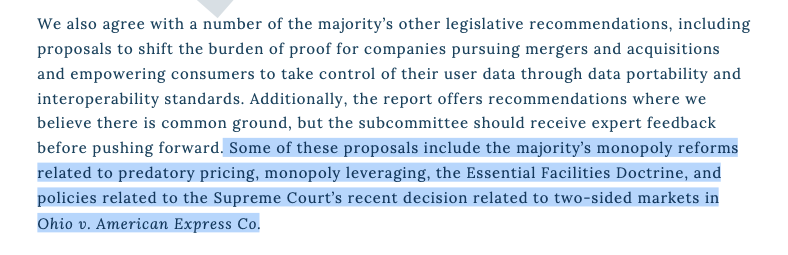 3. Even thought it appears to reject explicit regulation of tech companies, that is what the outcomes of the proposals it makes would be. Essential facilities + a ban on "leveraging" applied to digital platforms would turn them into regulated utilities.