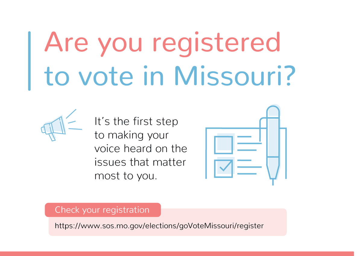 MoFoundHealth's tweet photo. Are you registered to vote in Missouri? It’s the first step to making your voice heard on the issues that matter most to you. Check your voter registration at https://t.co/mweffHmw00
The deadline to register is October 7! https://t.co/AXuVGW348V