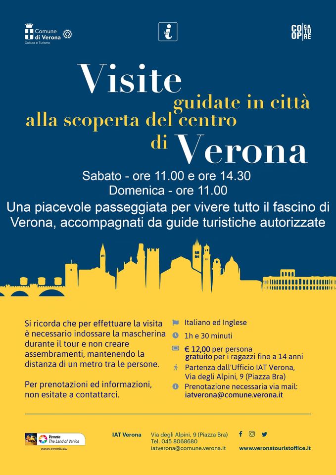 Proseguono le visite guidate del centro storico, alla scoperta di Verona!
Appuntamento allo IAT di Verona, tutti i sabati alle ore 11.00 e 14.30 e le domeniche alle ore 11.00.
Per prenotazioni ed informazioni: iatverona@comune.verona.it
#VisitVerona #VisitVeneto  #visiteguidate