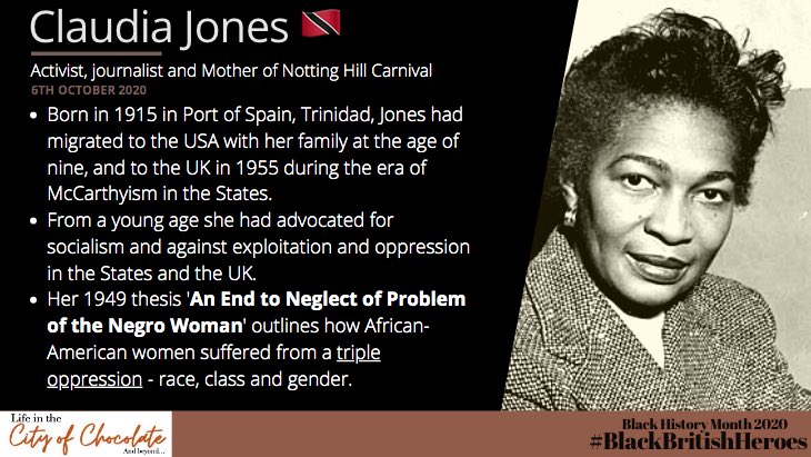 Today we celebrating the wonderful legacy of Ms. Claudia Jones: activist, journalist and mother of everyone’s favourite annual event, Notting Hill Carnival #BlackHistoryMonth    #BlackHistoryMonthUK    #BHM    #BlackBritishHeroes