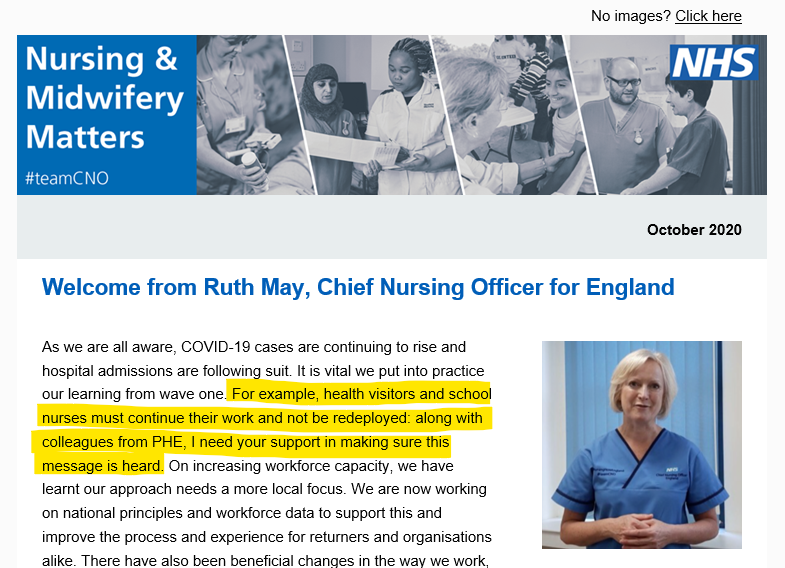 Thanks to @CNOEngland for her briefing today which contains welcomed guidance that health visitors should not be redeployed -a very important landmark &amp; recognition of the vital safety net that HVs provide for children- please share widely <a href="/iHealthVisiting/">iHV</a>
