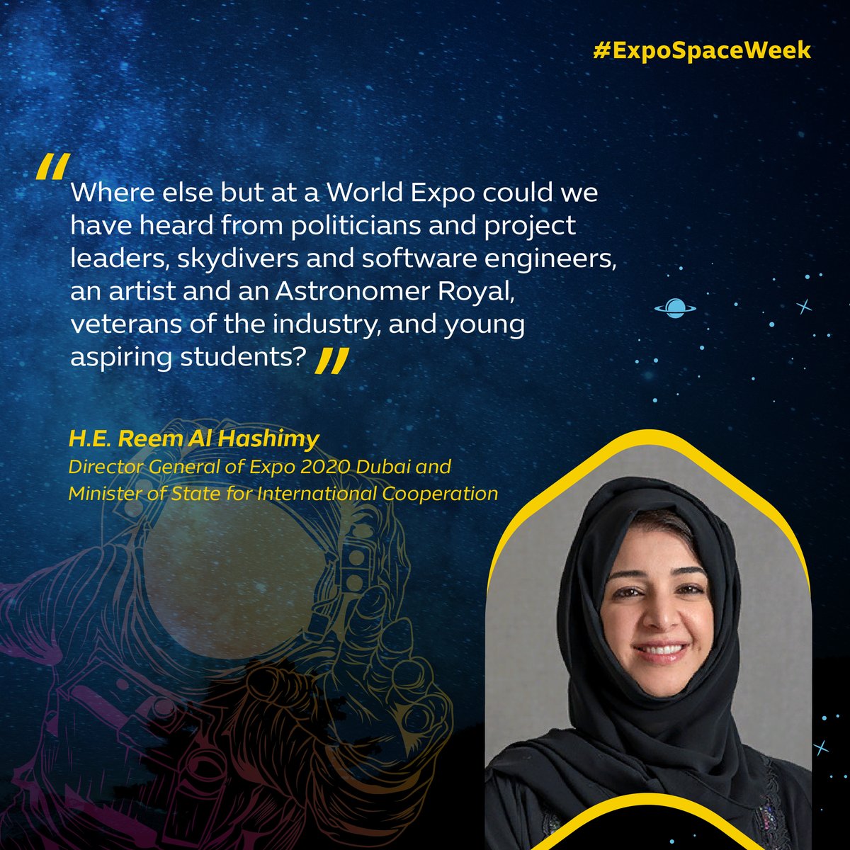 expocitydubai's tweet photo. H.E. Reem Al Hashimy, Director General of Expo 2020 Dubai Bureau, wraps up #ExpoSpaceWeek – two days of expert discussion and insight on space and solutions to challenges on Earth from exploring beyond our planet’s orbit. Thank you to everyone involved! #Expo2020 #Dubai #UAE https://t.co/yPEw2iyYYQ