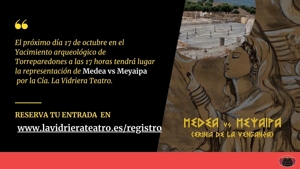 vidriera_teatro's tweet photo. @vidriera_teatro pondrá en escena «Medea vs Meyaipa» en Torreparedones. Toda la información y reservas en
https://t.co/gc473LI7yM
#LaVidrieraTeatro #Baena #AyuntamientoDeBaena #Cordoba #Andalucia #Teatro #Medea #theater #TeatroEnCordoba #Torreparedones https://t.co/vbJu0suqZI