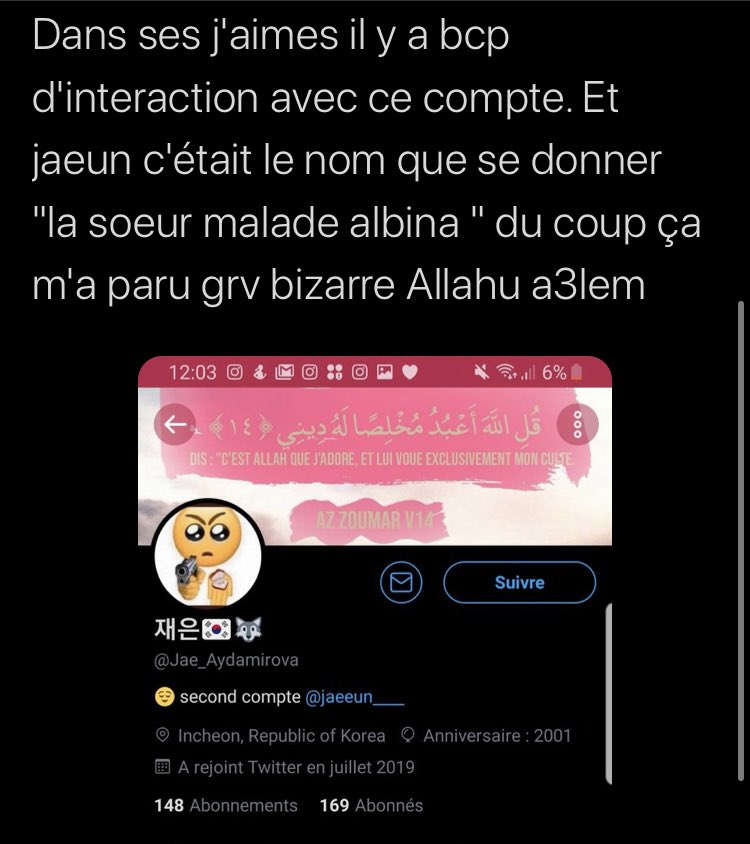  Le compte principal avec lequel elle interagit c’est  @Jae_AydamirovaOr jaeun (présent dans le @ et dans la bio) est le nom que se donnait Albina