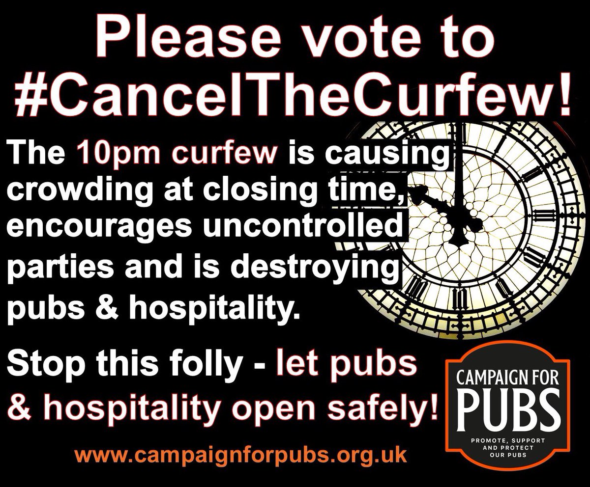 All #pub lovers, tweet this to your MP ahead of tomorrow’s vote on the dangerous & damaging #10pmCurfew. It’s making people less safe & is destroying many #pubs, restaurants, venues & clubs. Tell your MP to #CallTimeontheCurfew #CancelTheCurfew & #SupportOurPubs #hospitality