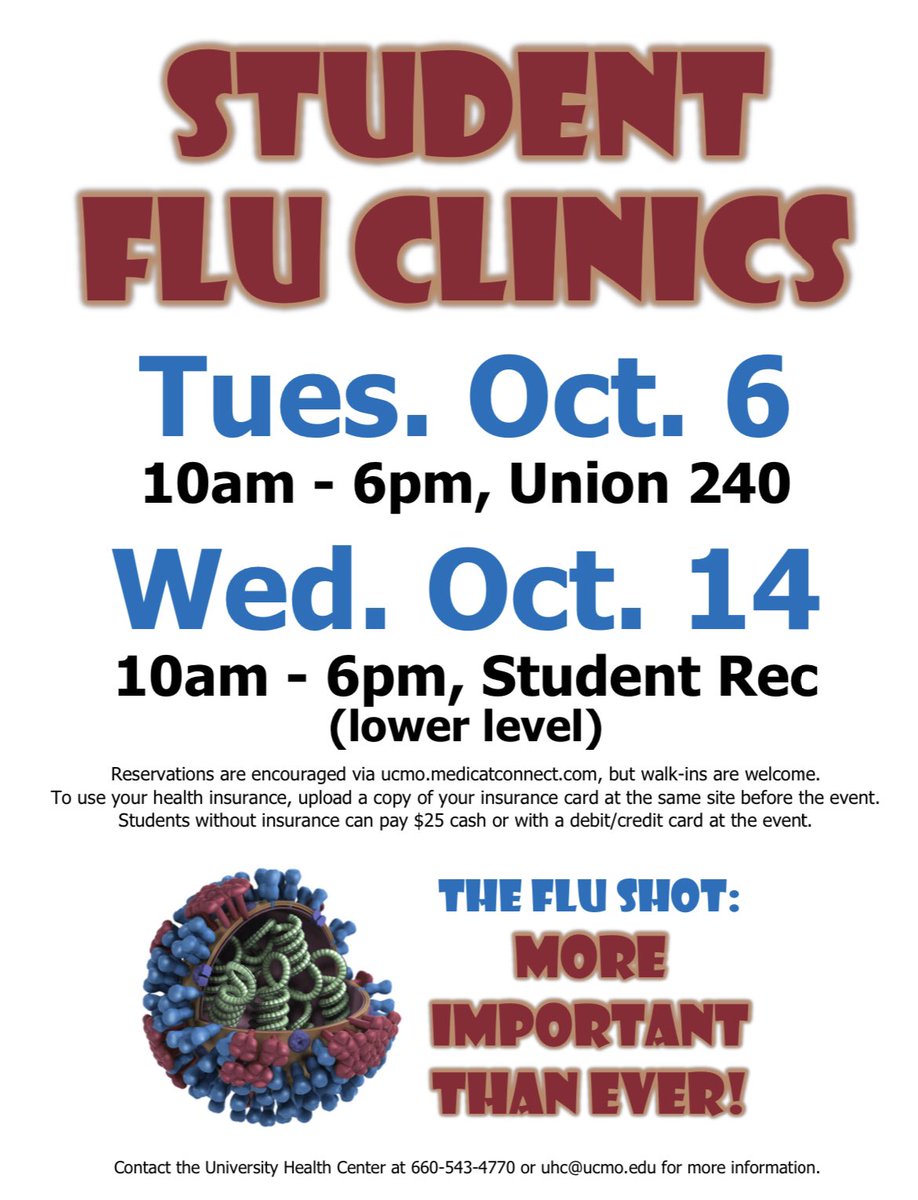 MuleskinnerUCM's tweet image. Student Flu Clinics:

Flu Shots available today until 6pm in Union 240. The next available day is next Wednesday at the Student Rec Center. 

#ucm #flushot #ucmo #healthcenter #fluseason