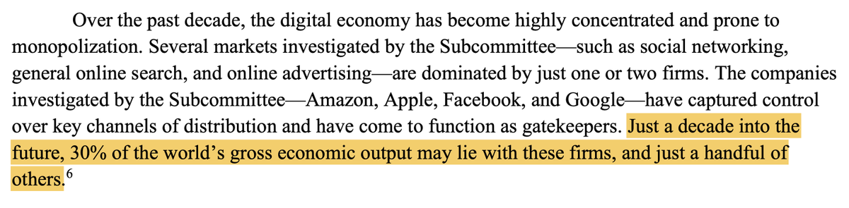 First highly misleading claim:"a decade into the future, 30% of world GDP may lie with [Amazon, Apple, Facebook, and Google] and just a handful of others."Source is a McKinsey report, which says 30% is literally all B2B and B2C commerce globally.Not "a handful of others"!!