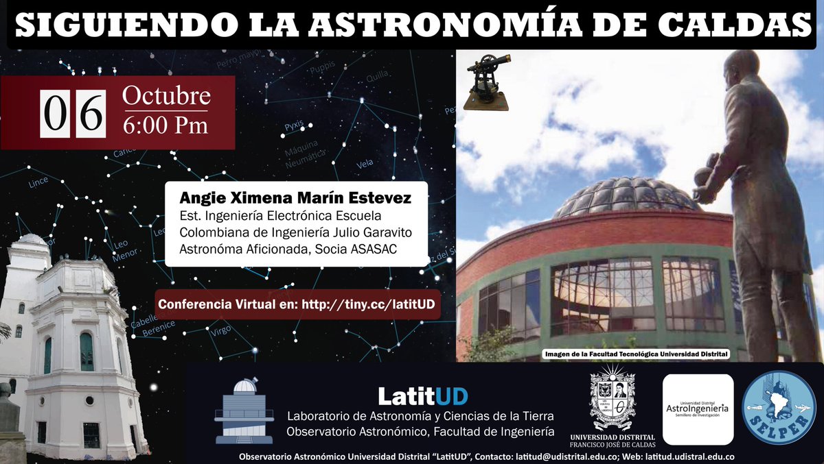 EnsApr's tweet photo. 💥Hoy, 6:00 pm:

Conferencia virtual: "Siguiendo la #astronomia de Caldas".

Link: https://t.co/XGSXAMqfWb

Organiza: #ObservatorioAstronomicoLatitUD

Recuerden que en nuestra página pueden consultar artículos sobre #enseñanzadelaastronomía:

https://t.co/aHn57sRVEe

Feliz día. https://t.co/R2jrTmQJ3B