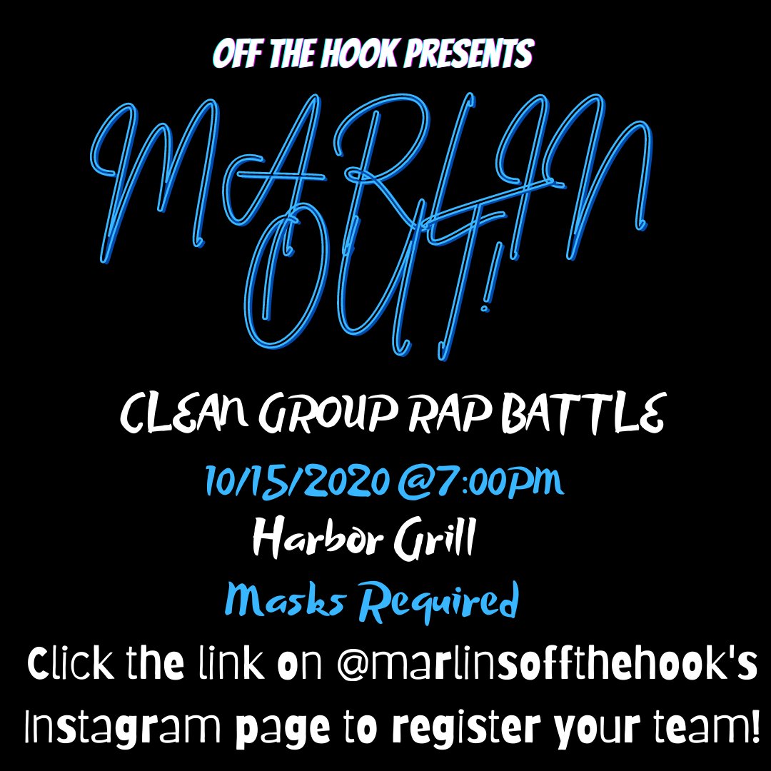 OffTheHook757's tweet photo. Want to live out your dreams as a battle rapper? Sign-up for Off The Hook's version of Wild-n-out, MARLIN OUT!
10/15/2020 at 7:00pm in the Harbor Grill!
https://t.co/oFqzeq5IQ8 https://t.co/Z7rpZmg9no